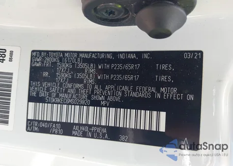 2021 Toyota Sienna Le из США, поврежденный, VIN 5TDKRKEC6MS029020